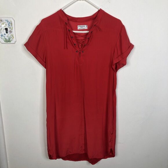 FRAME 100% Silk Blood Orange Lace Up Mini Shirt Dress W/ Pockets Size Small - Picture 2 of 11